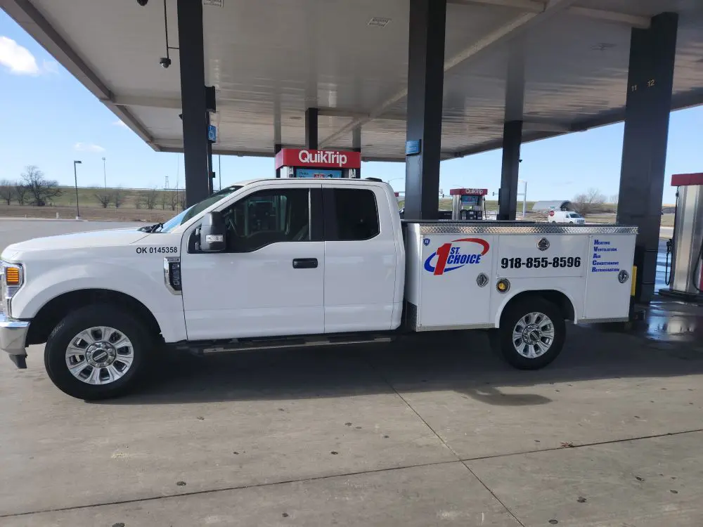 A white truck parked at the gas station.