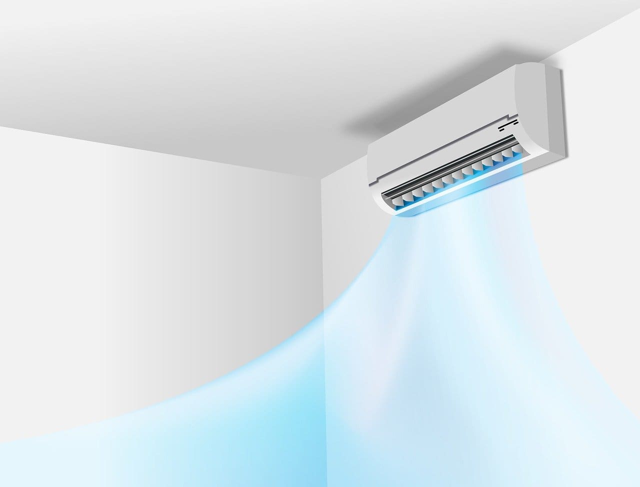 A white wall mounted air conditioner with blue lights.